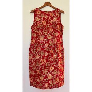 Valerie Dresses Red Gold Floral Pure‎ Silk Sheath Midi Dress Sleeveless Size 10